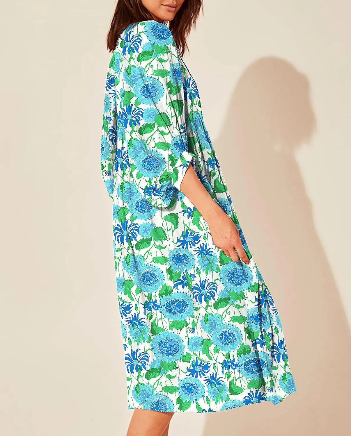 Casual Summer Dresses for Women Swing Floral Half Open Collar Boho Puff Sleeve Loose Midi Beach Dress