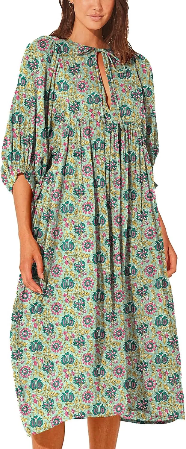 Casual Summer Dresses for Women Swing Floral Half Open Collar Boho Puff Sleeve Loose Midi Beach Dress