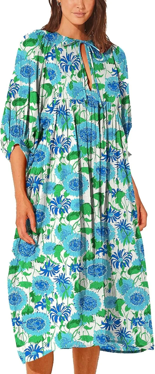 Casual Summer Dresses for Women Swing Floral Half Open Collar Boho Puff Sleeve Loose Midi Beach Dress