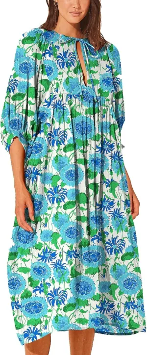 Casual Summer Dresses for Women Swing Floral Half Open Collar Boho Puff Sleeve Loose Midi Beach Dress