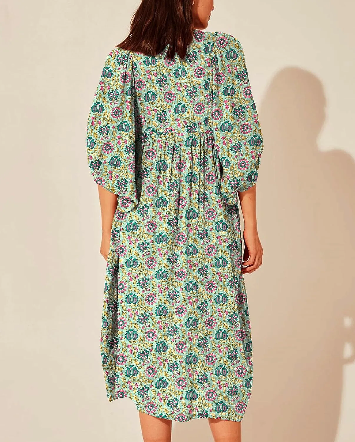 Casual Summer Dresses for Women Swing Floral Half Open Collar Boho Puff Sleeve Loose Midi Beach Dress
