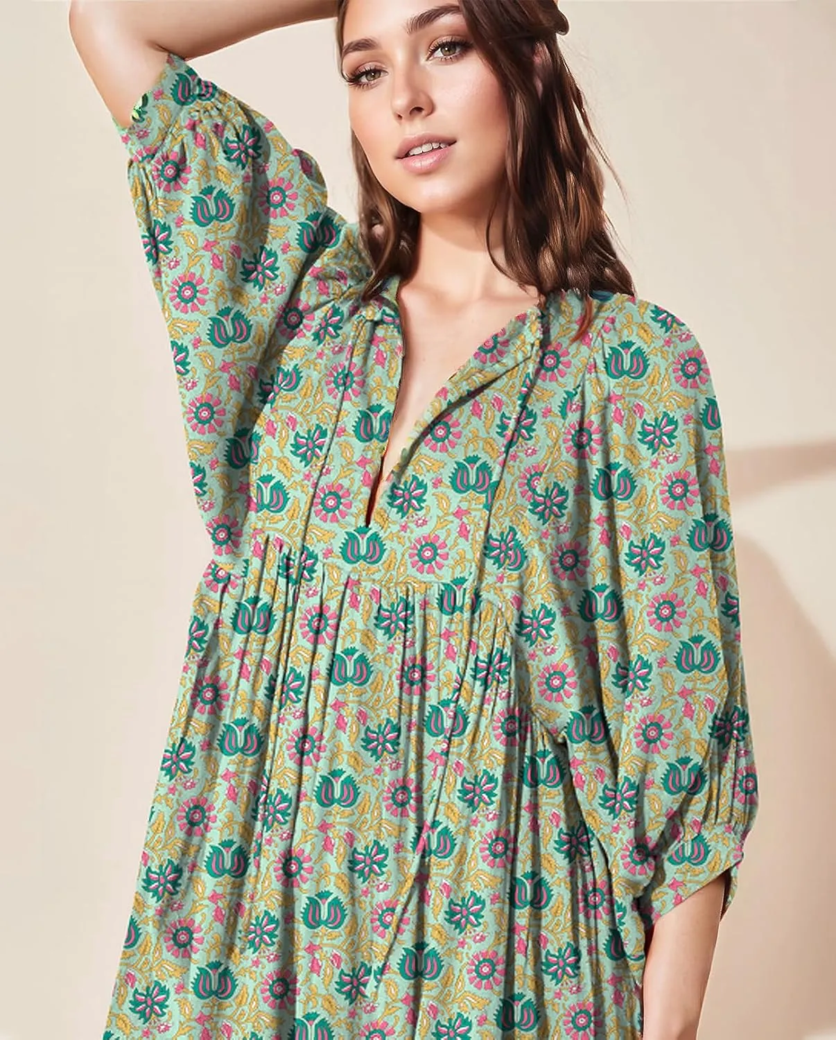 Casual Summer Dresses for Women Swing Floral Half Open Collar Boho Puff Sleeve Loose Midi Beach Dress