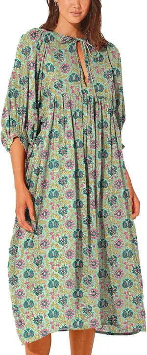 Casual Summer Dresses for Women Swing Floral Half Open Collar Boho Puff Sleeve Loose Midi Beach Dress