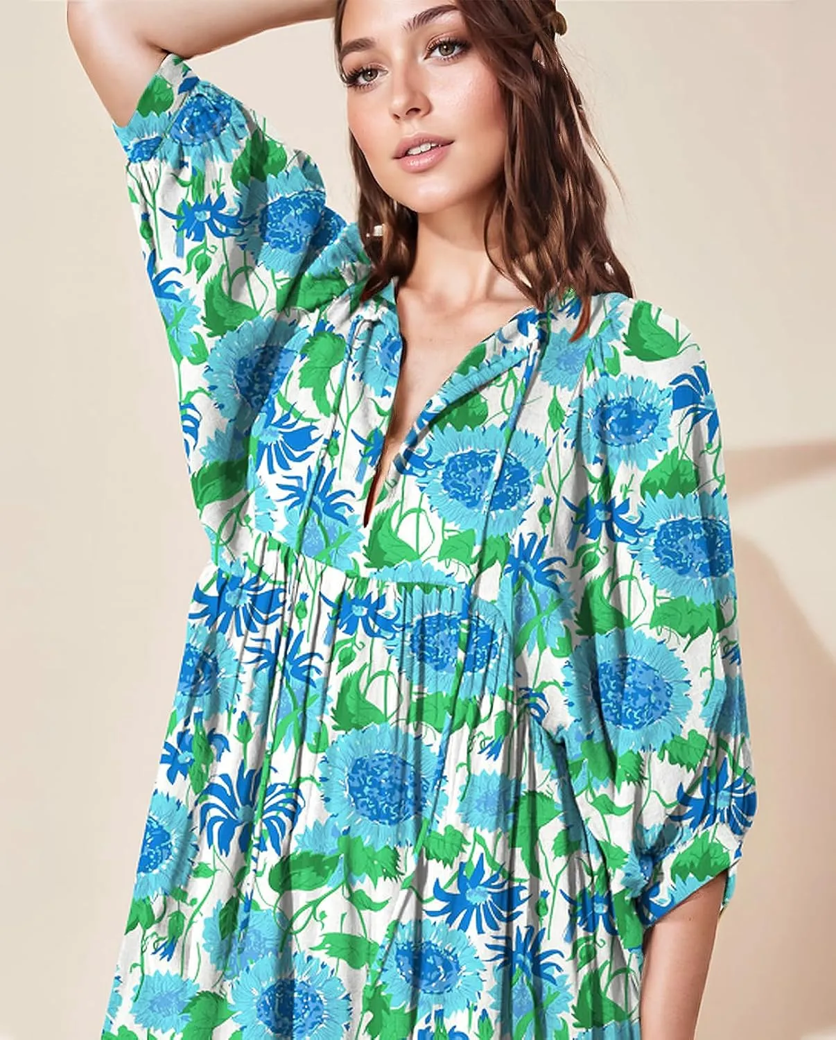 Casual Summer Dresses for Women Swing Floral Half Open Collar Boho Puff Sleeve Loose Midi Beach Dress
