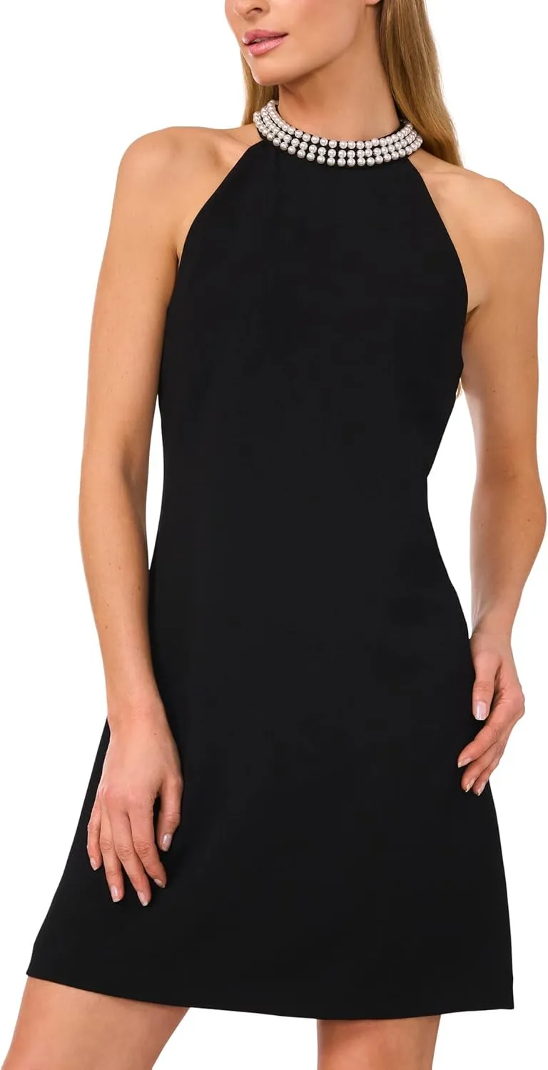 CeCe Women's Pearl Halter Collar A-line Mini Dress