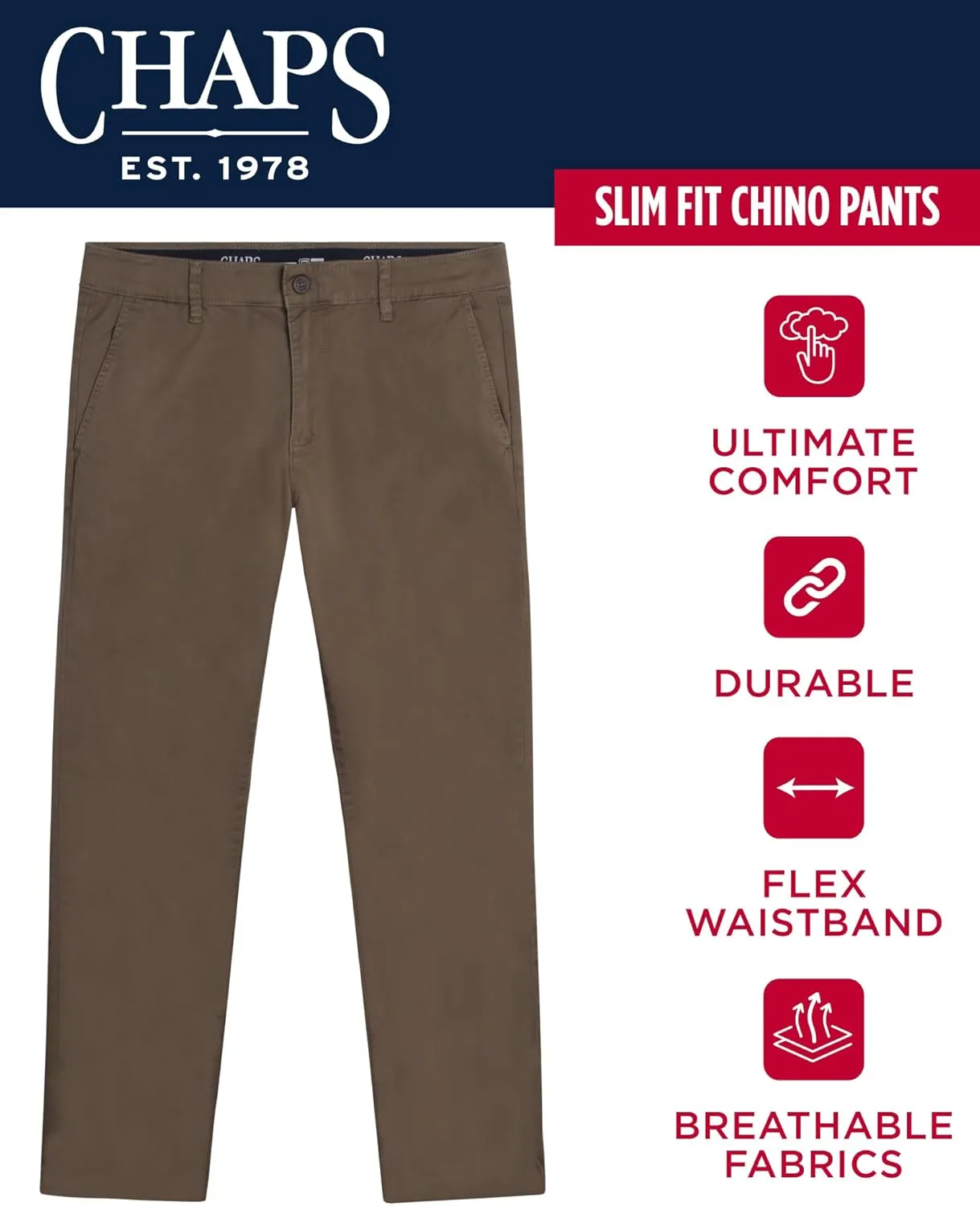 Chaps Men's Khaki Pants - Slim Fit Comfort Stretch Cotton Pant - Casual Chinos with Flex Waistband for Men