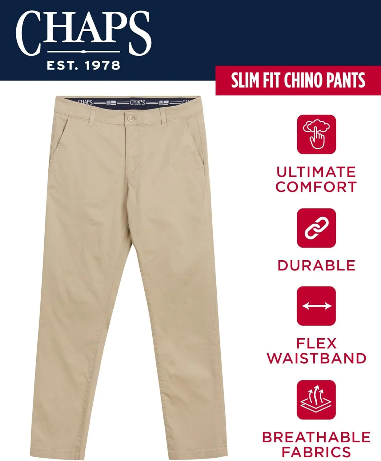 Chaps Men's Khaki Pants - Slim Fit Comfort Stretch Cotton Pant - Casual Chinos with Flex Waistband for Men