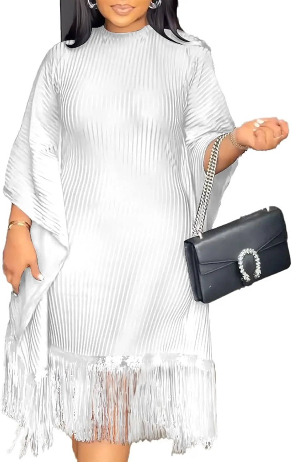 chicyes Women's Dresses for Curvy Sequin Fringe 3/4 Sleeve Cocktail Midi Maxi Dress Sparkly Plus Size Party Outfits