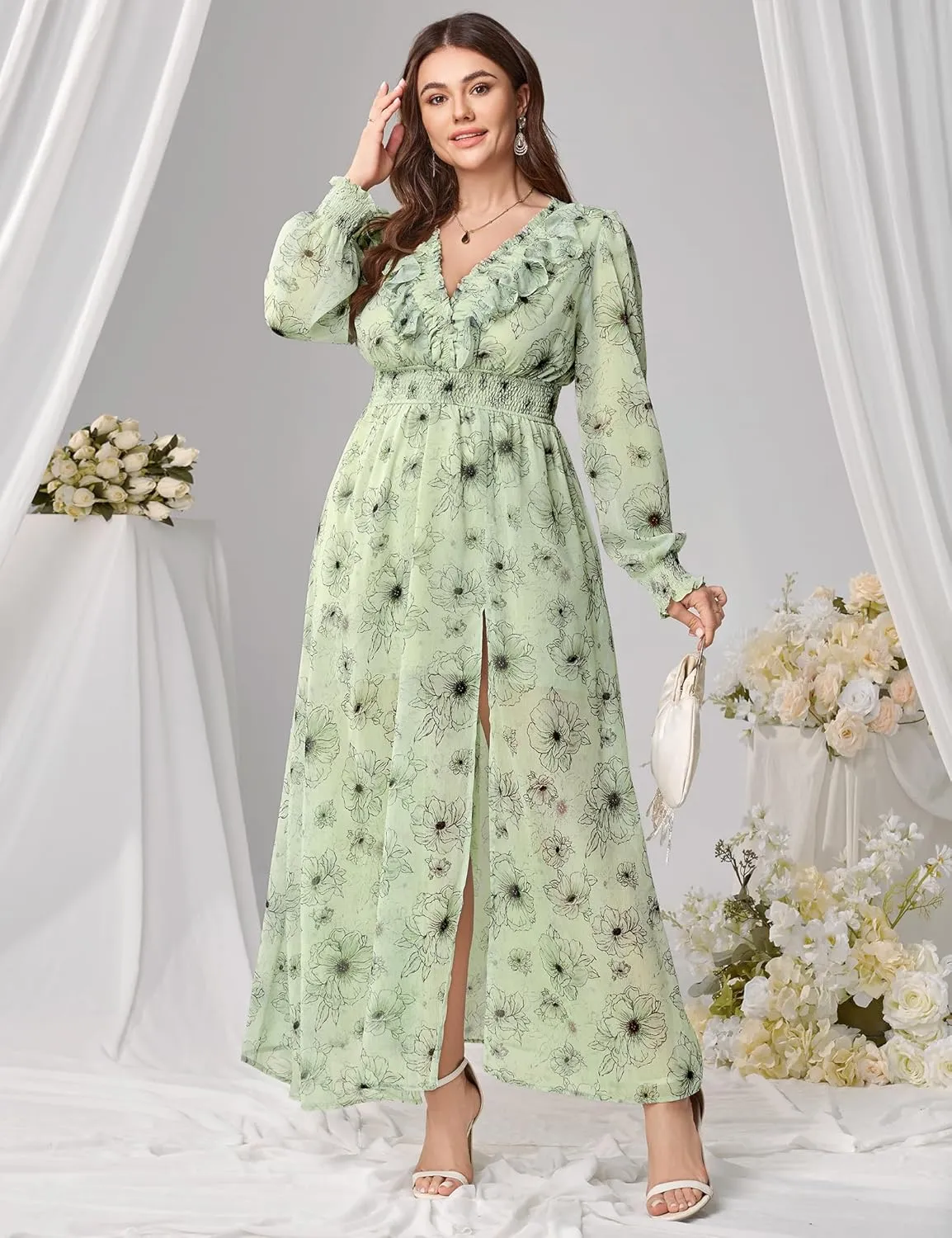 Chiffon Dresses for Women Deep V Neck Floral Long Sleeve Slit Evening Party Wedding Guest Dress