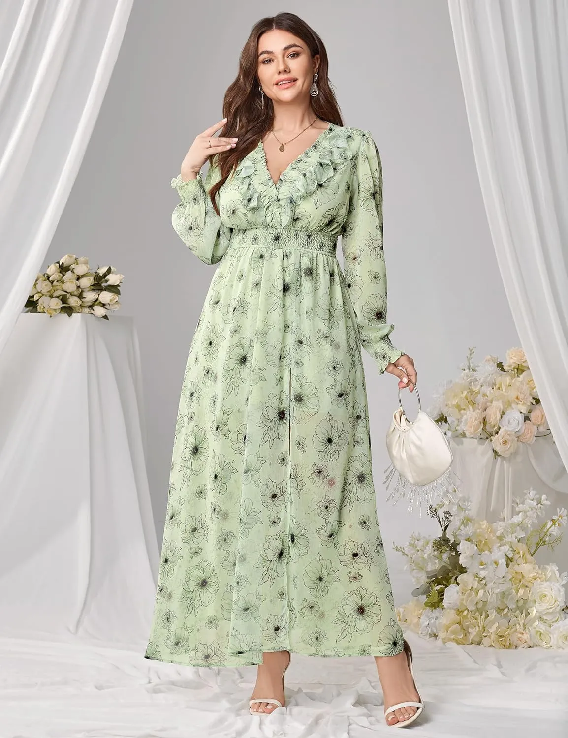 Chiffon Dresses for Women Deep V Neck Floral Long Sleeve Slit Evening Party Wedding Guest Dress