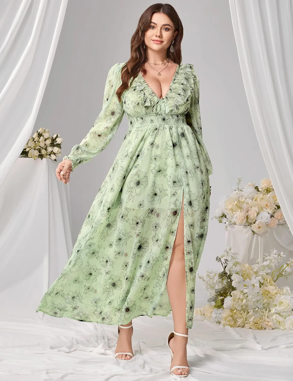 Chiffon Dresses for Women Deep V Neck Floral Long Sleeve Slit Evening Party Wedding Guest Dress