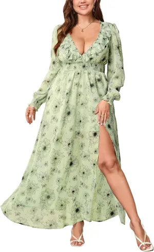 Chiffon Dresses for Women Deep V Neck Floral Long Sleeve Slit Evening Party Wedding Guest Dress