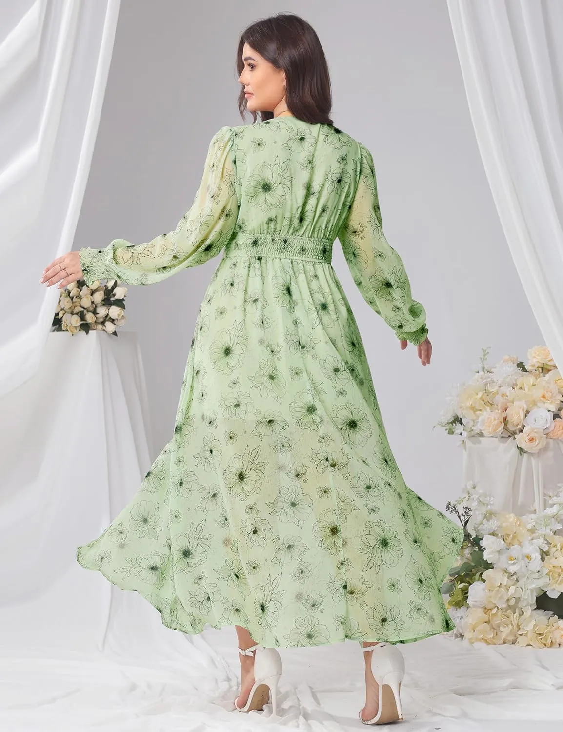 Chiffon Dresses for Women Deep V Neck Floral Long Sleeve Slit Evening Party Wedding Guest Dress