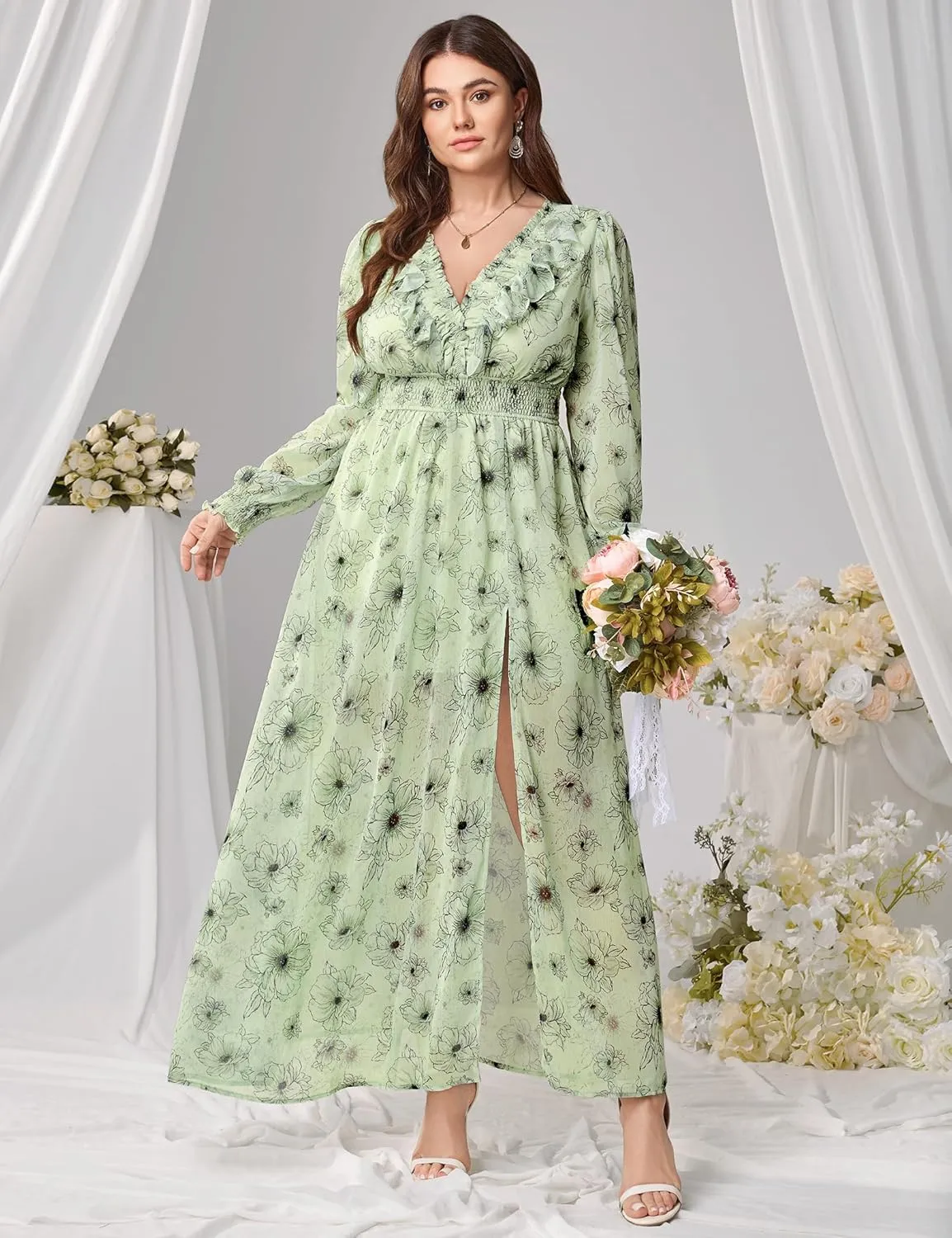 Chiffon Dresses for Women Deep V Neck Floral Long Sleeve Slit Evening Party Wedding Guest Dress