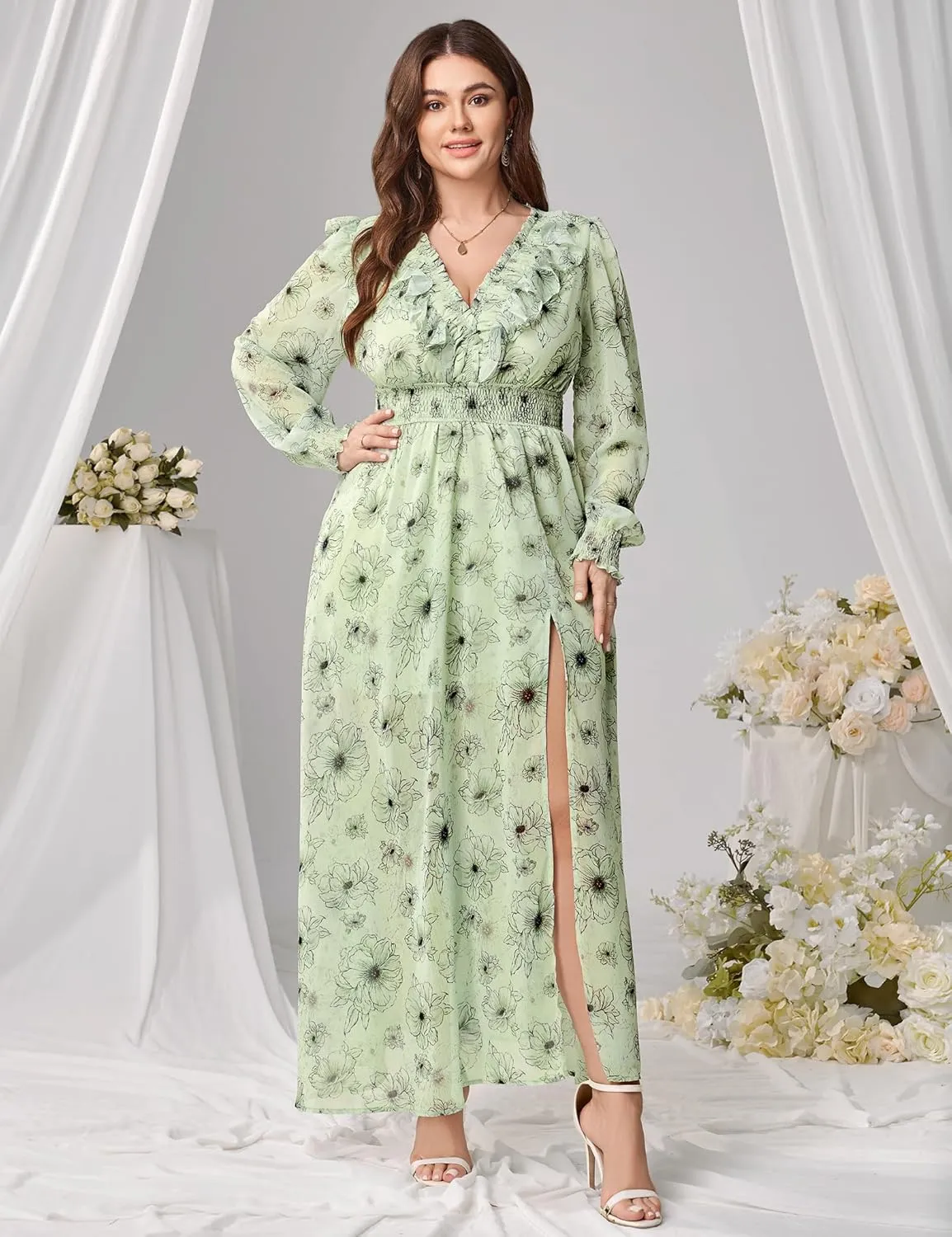 Chiffon Dresses for Women Deep V Neck Floral Long Sleeve Slit Evening Party Wedding Guest Dress