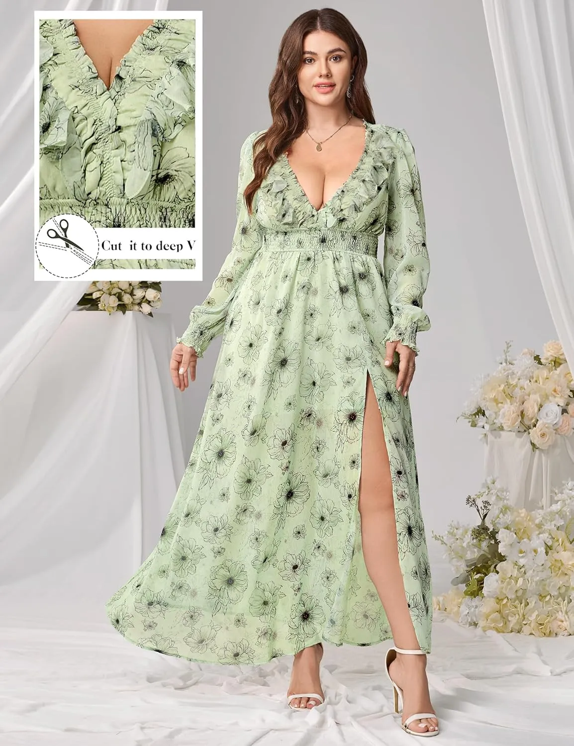 Chiffon Dresses for Women Deep V Neck Floral Long Sleeve Slit Evening Party Wedding Guest Dress