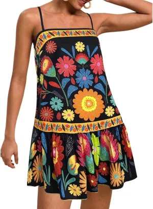 chouyatou Women's Boho Color Block Floral Printed Dress Sexy Spaghetti Strap Ruffle Babydoll Beach Mini Dress