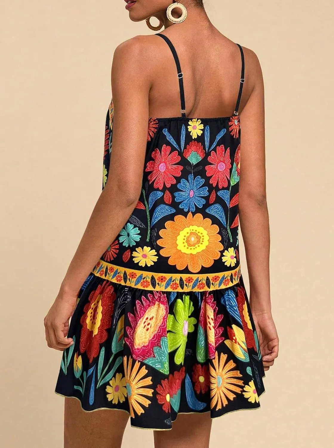 chouyatou Women's Boho Color Block Floral Printed Dress Sexy Spaghetti Strap Ruffle Babydoll Beach Mini Dress