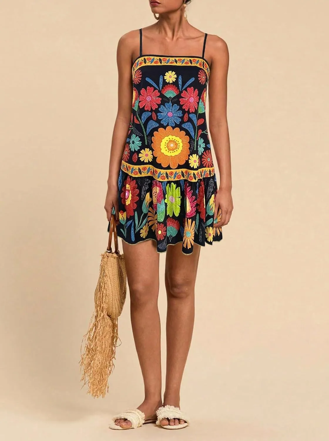chouyatou Women's Boho Color Block Floral Printed Dress Sexy Spaghetti Strap Ruffle Babydoll Beach Mini Dress