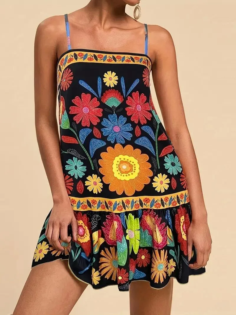 chouyatou Women's Boho Color Block Floral Printed Dress Sexy Spaghetti Strap Ruffle Babydoll Beach Mini Dress