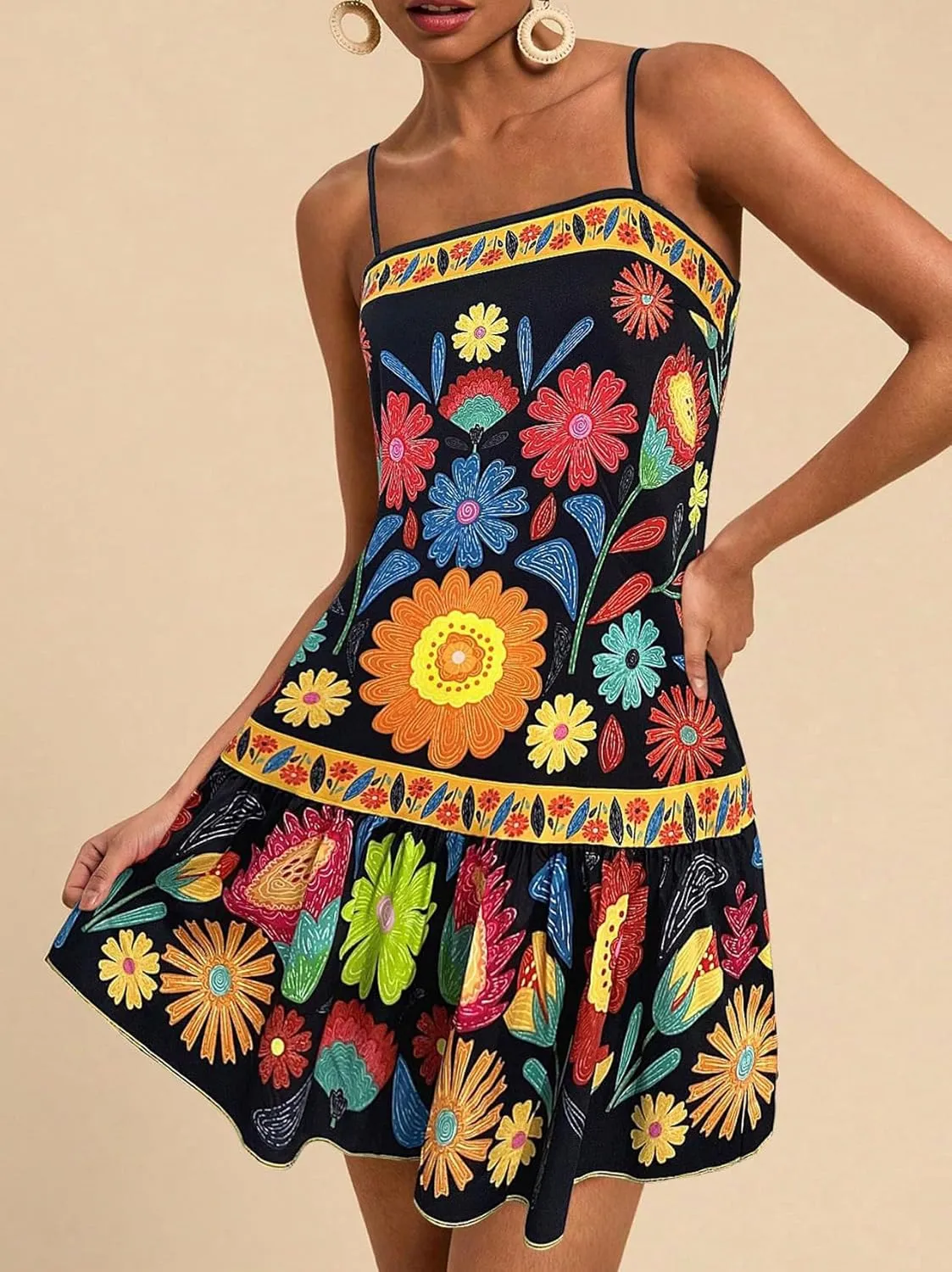chouyatou Women's Boho Color Block Floral Printed Dress Sexy Spaghetti Strap Ruffle Babydoll Beach Mini Dress