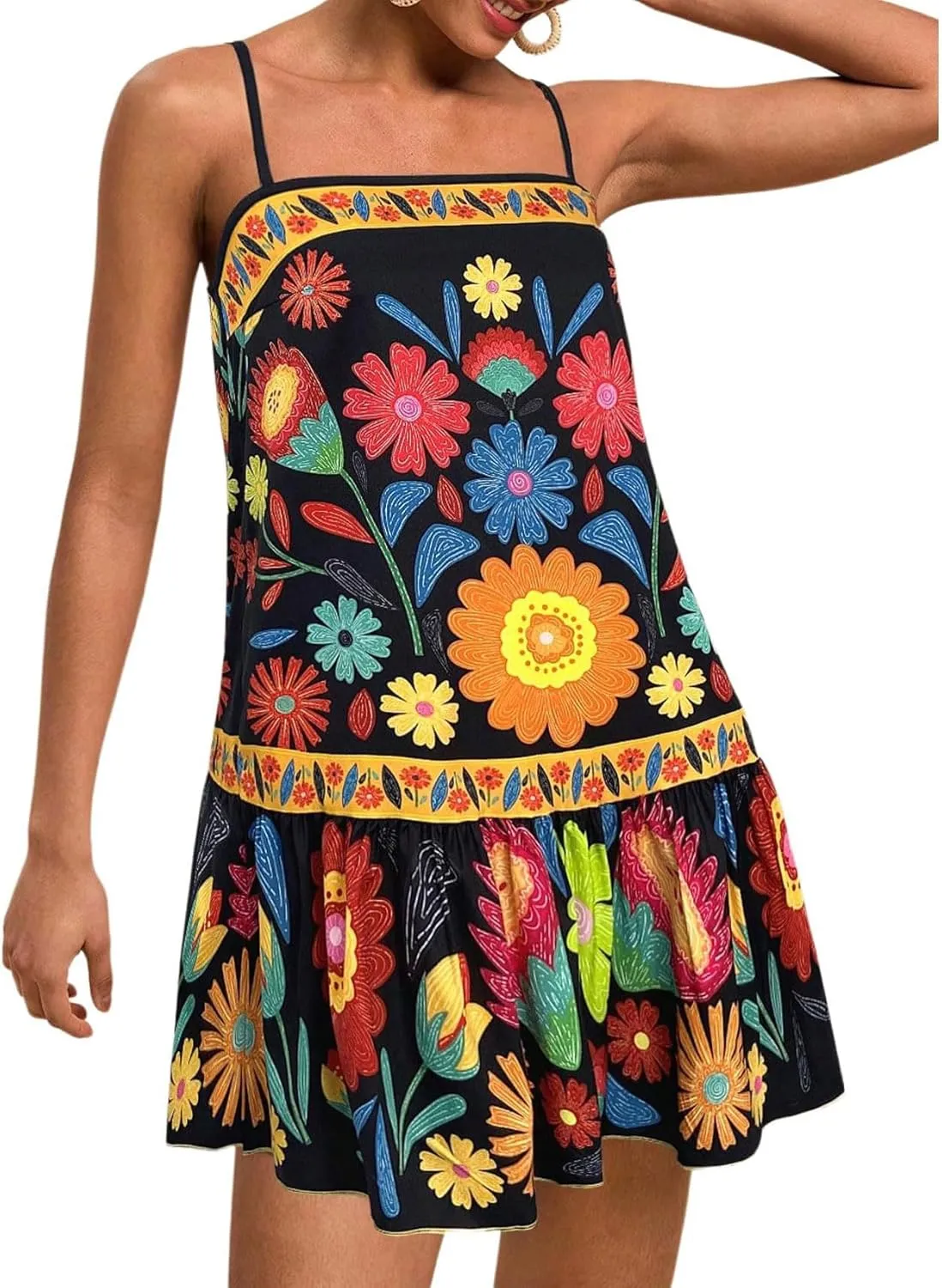 chouyatou Women's Boho Color Block Floral Printed Dress Sexy Spaghetti Strap Ruffle Babydoll Beach Mini Dress