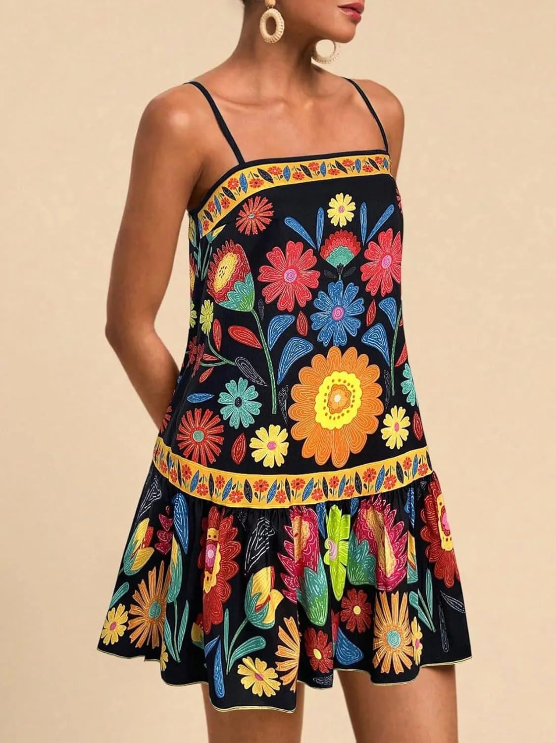 chouyatou Women's Boho Color Block Floral Printed Dress Sexy Spaghetti Strap Ruffle Babydoll Beach Mini Dress