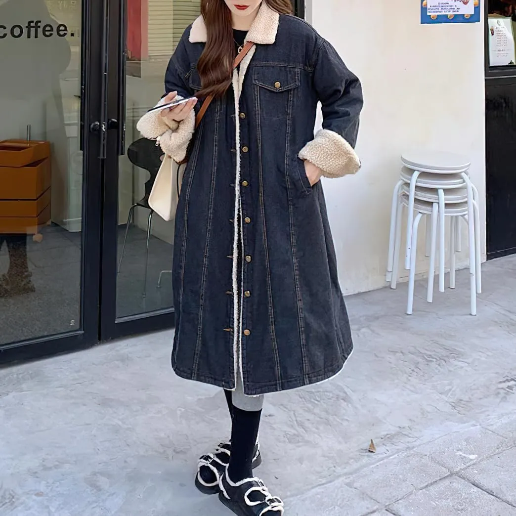 chouyatou Women's Warm Winter Windproof Sherpa Fleece Lined Long Denim Coat Trucker Jean Jacket Overcoat