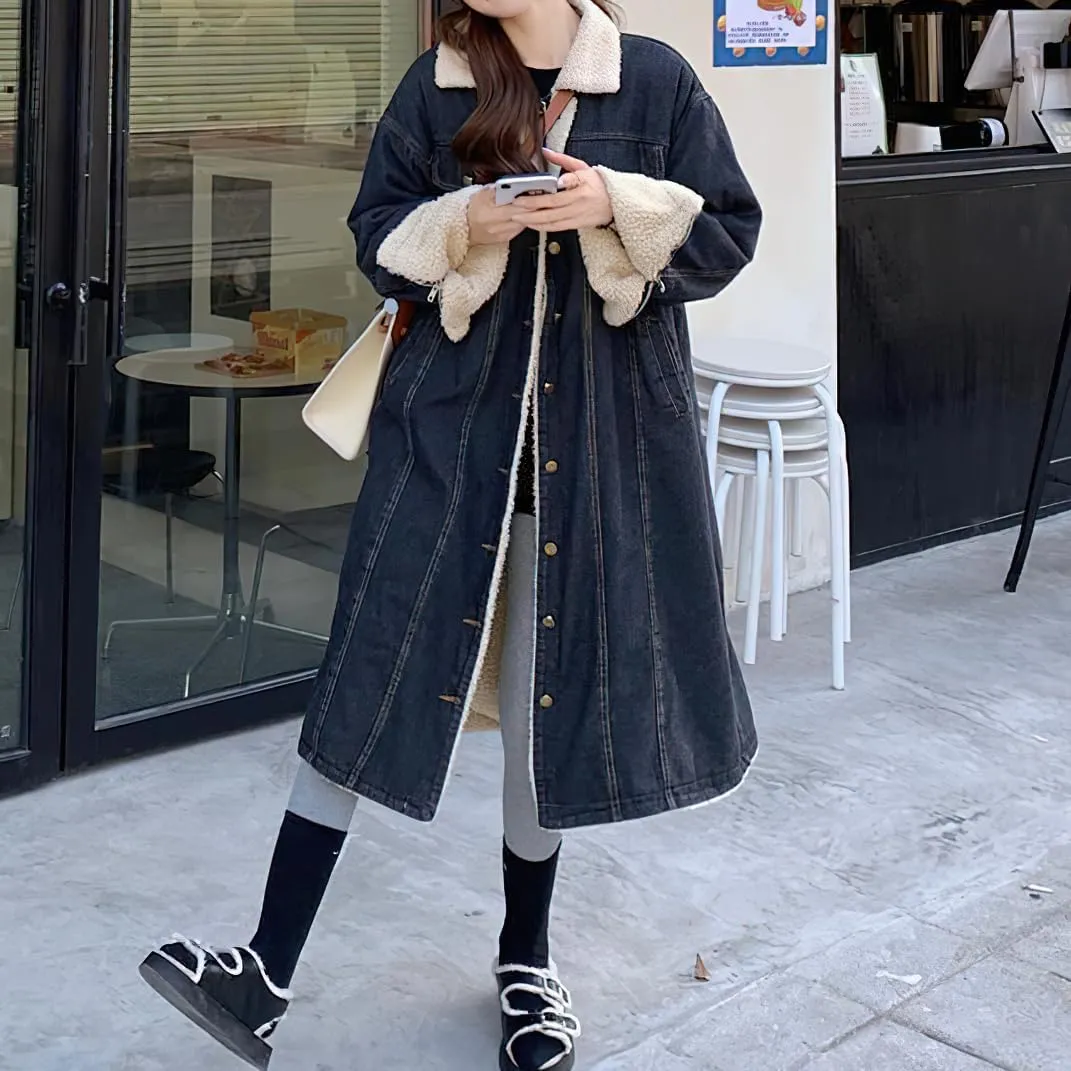 chouyatou Women's Warm Winter Windproof Sherpa Fleece Lined Long Denim Coat Trucker Jean Jacket Overcoat