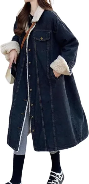 chouyatou Women's Warm Winter Windproof Sherpa Fleece Lined Long Denim Coat Trucker Jean Jacket Overcoat