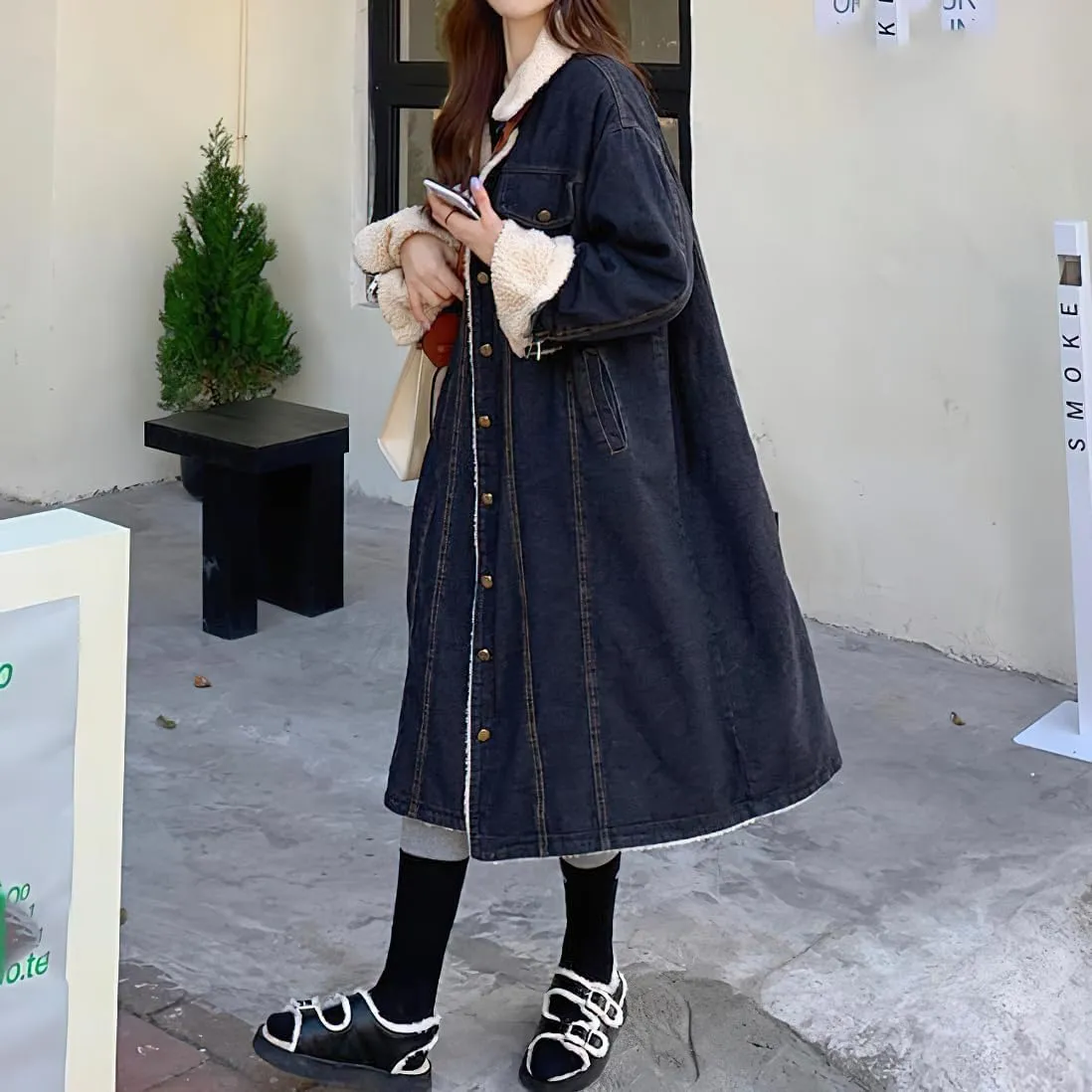 chouyatou Women's Warm Winter Windproof Sherpa Fleece Lined Long Denim Coat Trucker Jean Jacket Overcoat