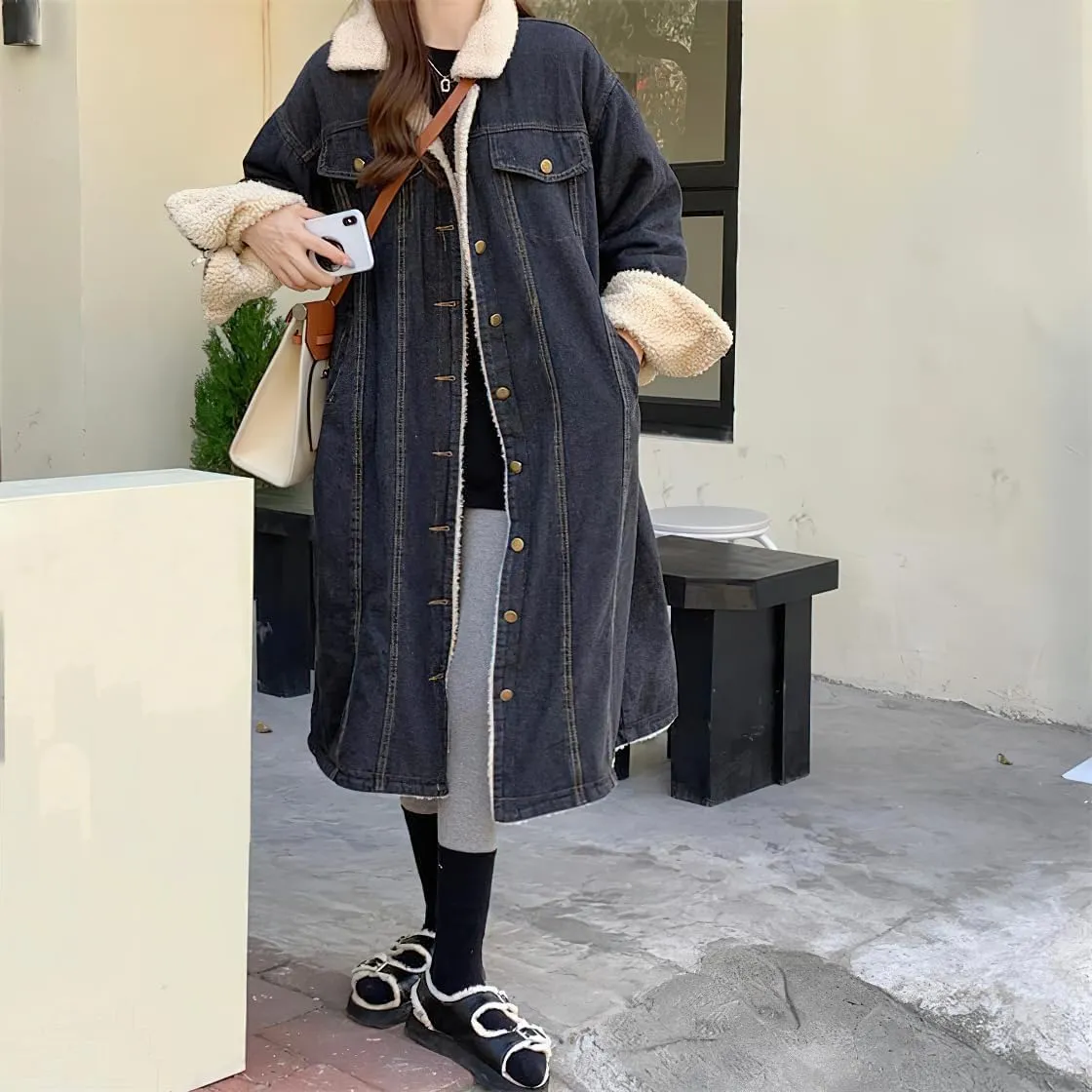 chouyatou Women's Warm Winter Windproof Sherpa Fleece Lined Long Denim Coat Trucker Jean Jacket Overcoat
