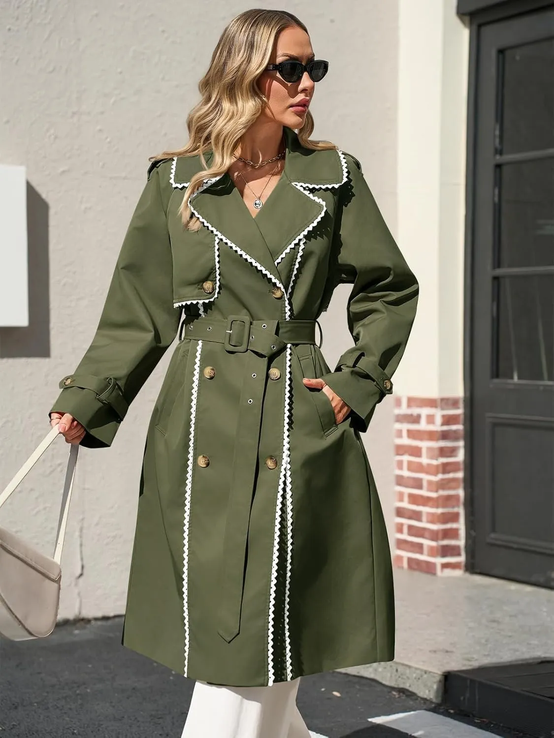 Cicy Bell Womens Long Trench Coat Casual Double Breasted Windproof Jacket Classic Lapel Overcoat with Belt