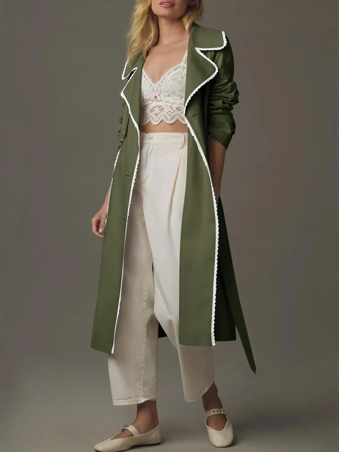 Cicy Bell Womens Long Trench Coat Casual Double Breasted Windproof Jacket Classic Lapel Overcoat with Belt
