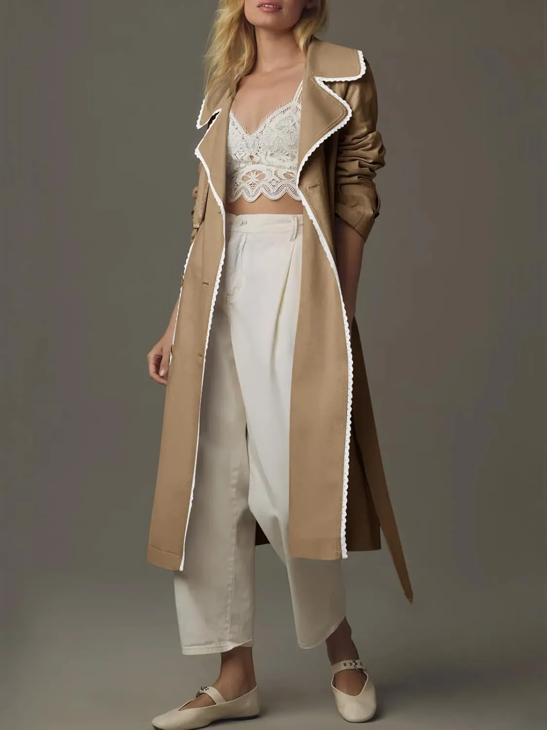 Cicy Bell Womens Long Trench Coat Casual Double Breasted Windproof Jacket Classic Lapel Overcoat with Belt