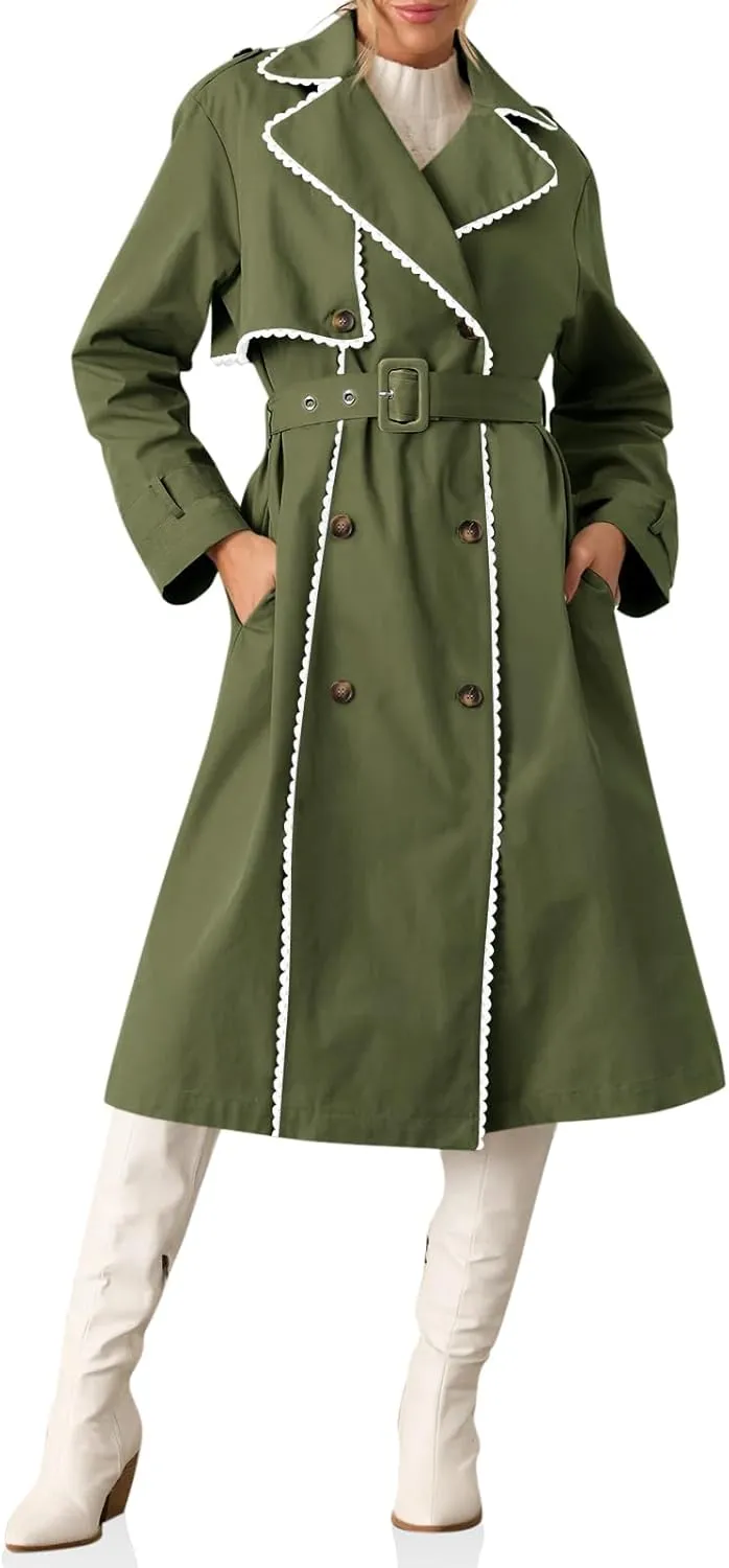 Cicy Bell Womens Long Trench Coat Casual Double Breasted Windproof Jacket Classic Lapel Overcoat with Belt