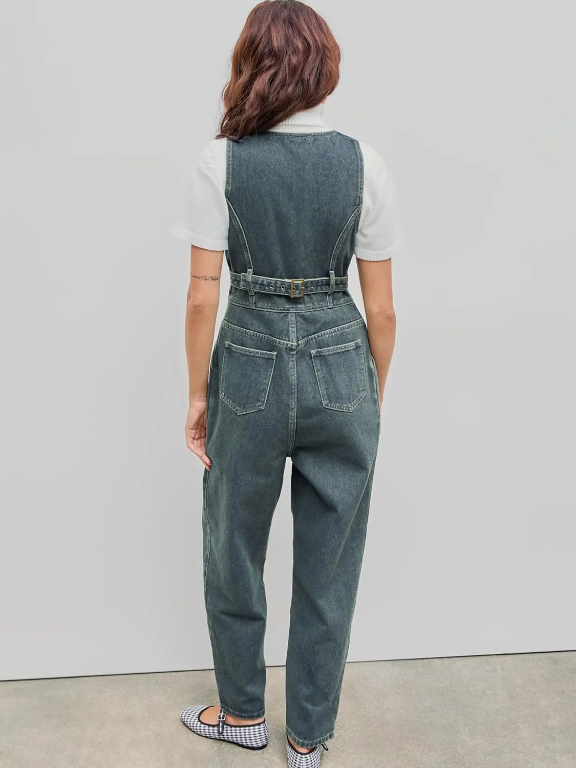 CIDER Women's Denim V-neck Belted Straight Leg Jumpsuit