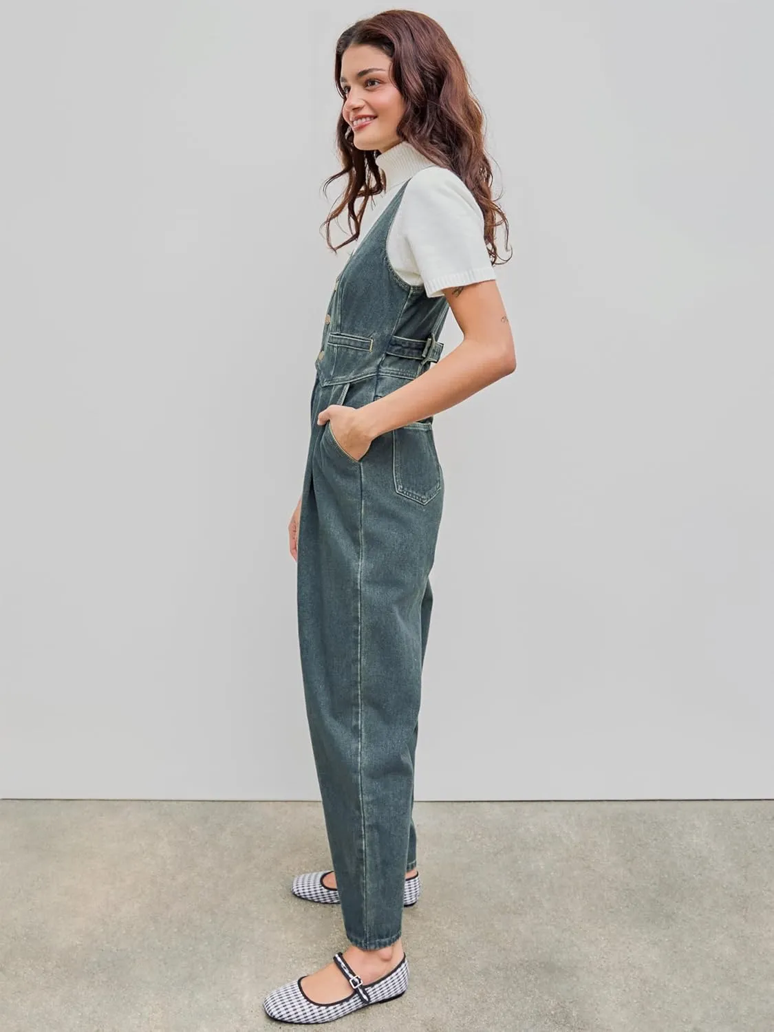 CIDER Women's Denim V-neck Belted Straight Leg Jumpsuit