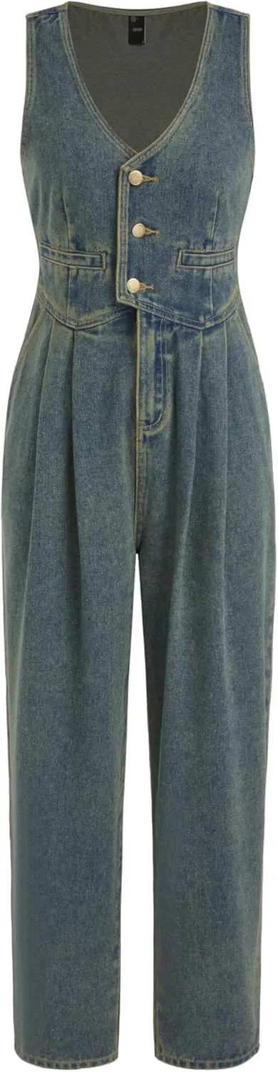 CIDER Women's Denim V-neck Belted Straight Leg Jumpsuit