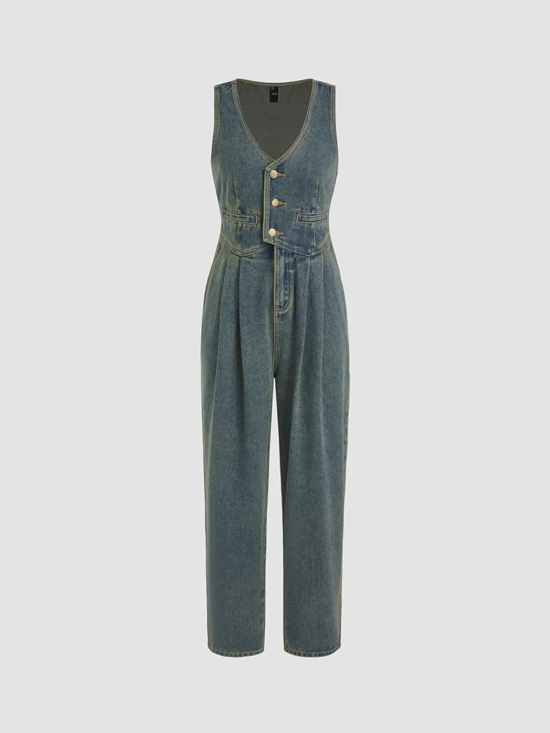CIDER Women's Denim V-neck Belted Straight Leg Jumpsuit