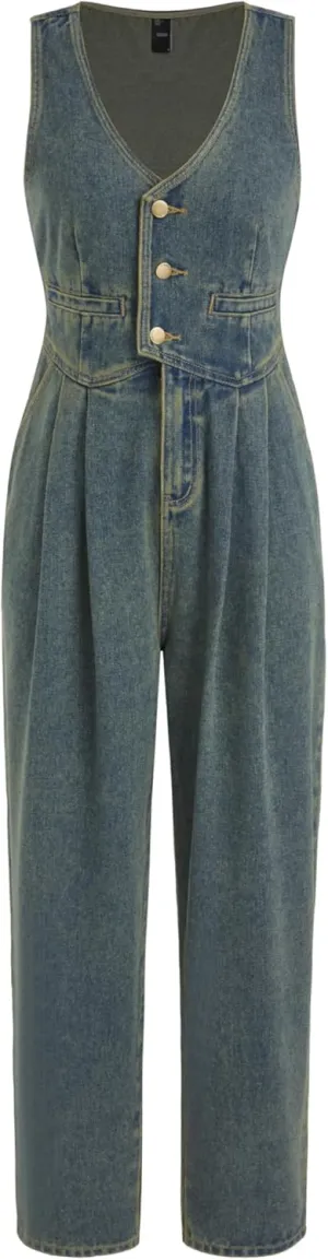 CIDER Women's Denim V-neck Belted Straight Leg Jumpsuit