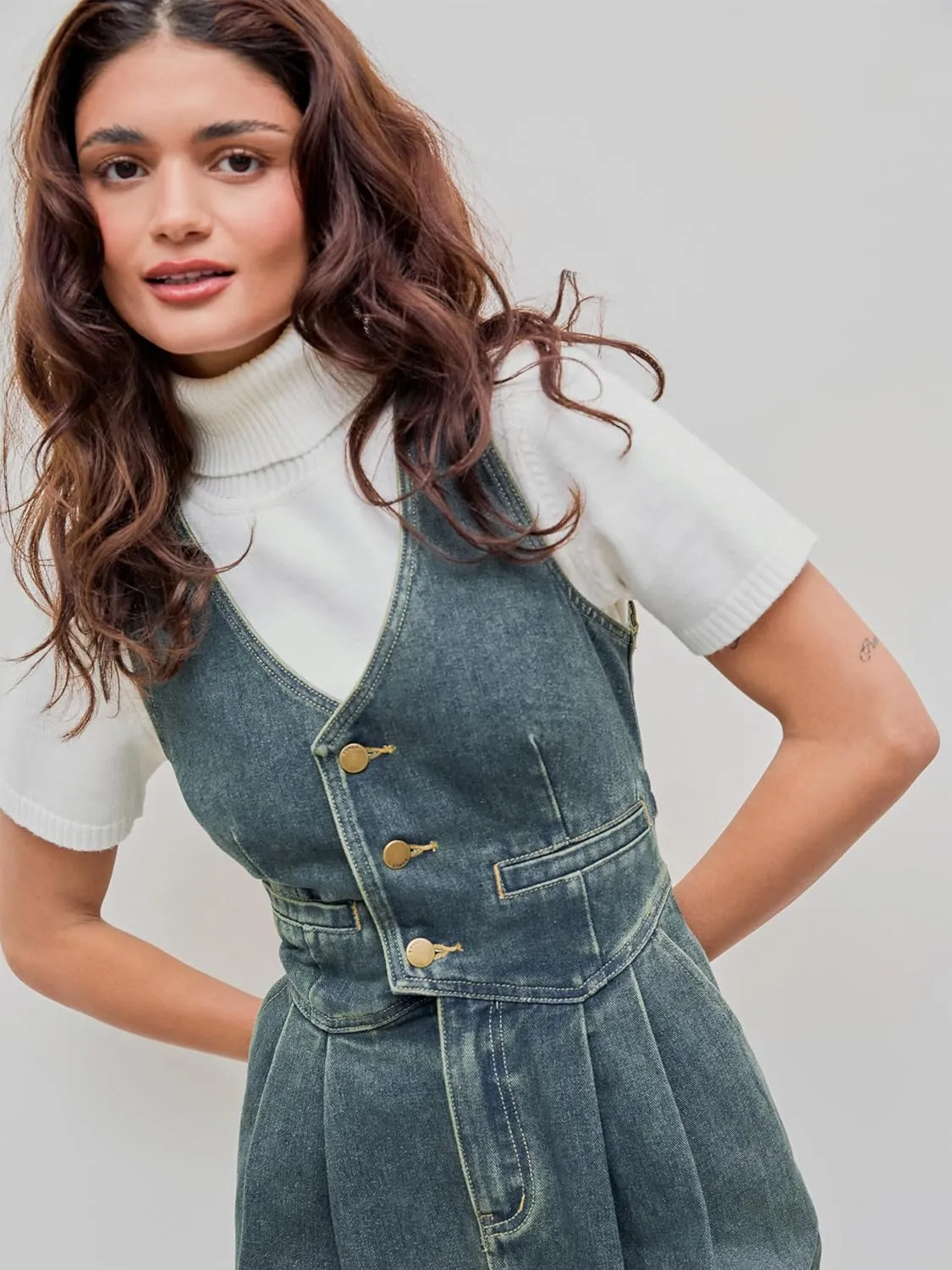CIDER Women's Denim V-neck Belted Straight Leg Jumpsuit