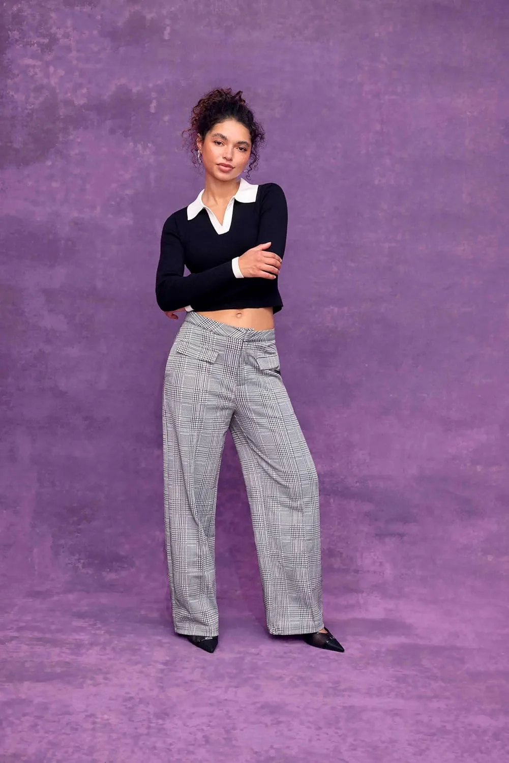 CIDER Women's High Waisted Wide Leg Pants Plaid Pants Business Casual Trousers with Pockets