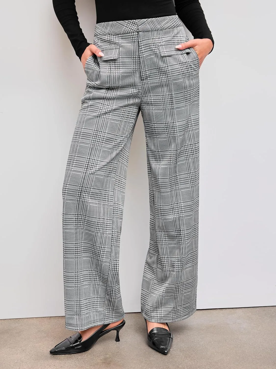 CIDER Women's High Waisted Wide Leg Pants Plaid Pants Business Casual Trousers with Pockets