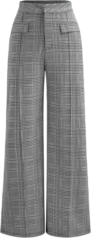 CIDER Women's High Waisted Wide Leg Pants Plaid Pants Business Casual Trousers with Pockets