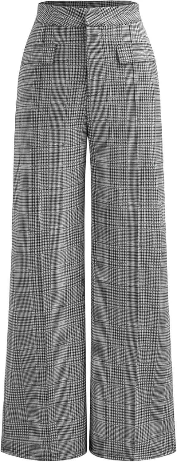CIDER Women's High Waisted Wide Leg Pants Plaid Pants Business Casual Trousers with Pockets