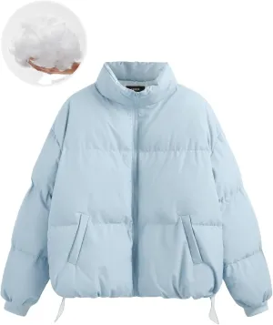 CIDER Womens Quilted Puffer Jacket Cropped Long Sleeve Stand Collar Zip Up Trendy Winter Coat