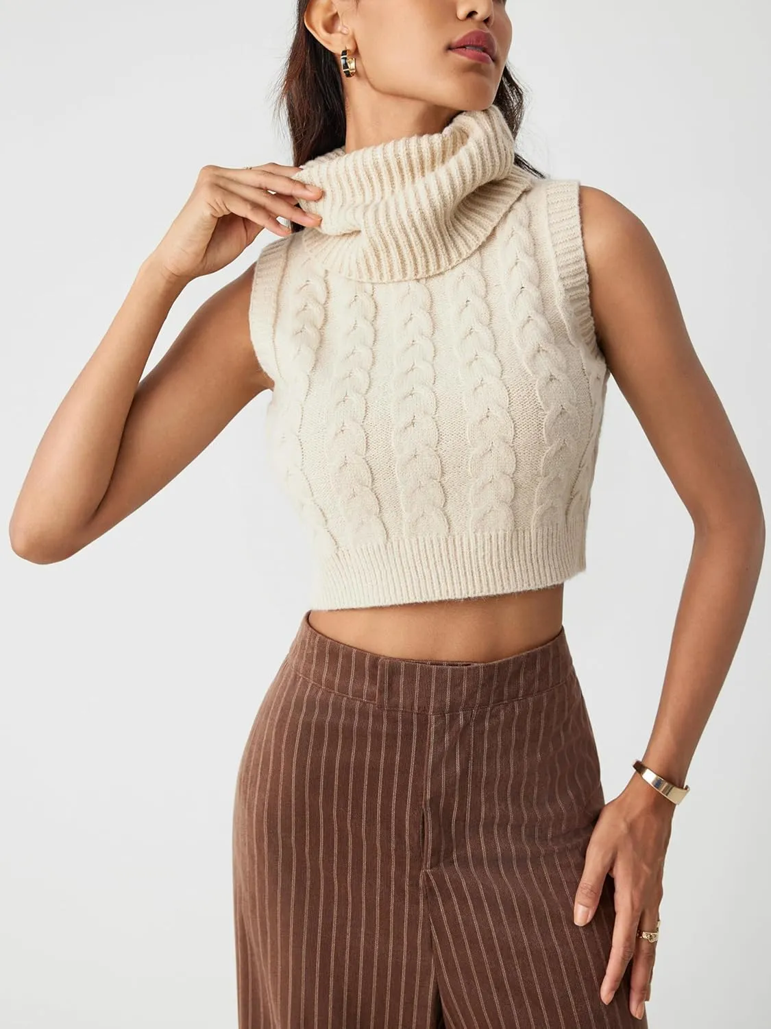 CIDER Womens Sleeveless Sweater Tops Turtle Necks Cable Knit Croped Vest Tank Top