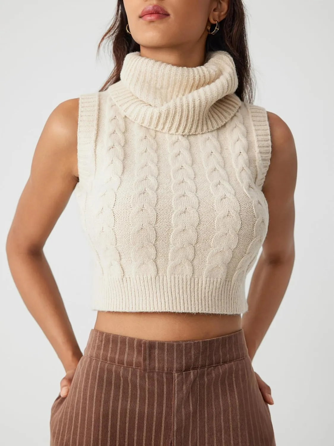 CIDER Womens Sleeveless Sweater Tops Turtle Necks Cable Knit Croped Vest Tank Top
