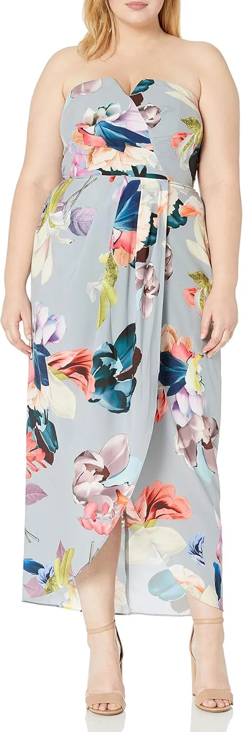 City Chic Women's Strapless Dress with Pleated Detail and Faux Wrap Skirt